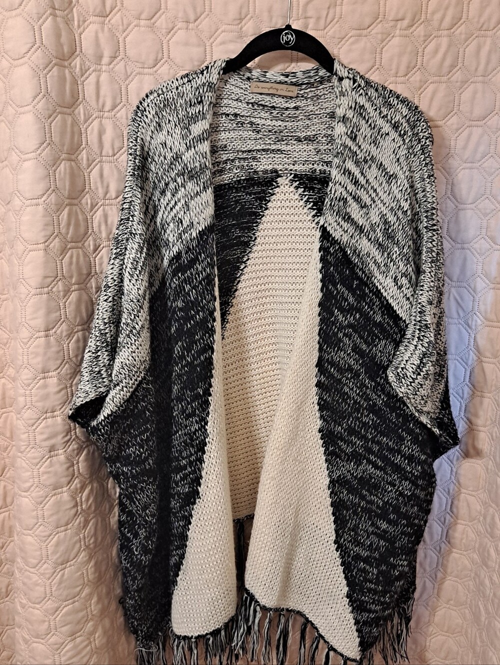 Black & White Open-Front Fringe Sweater Cardigan Short Sleeves OSFM